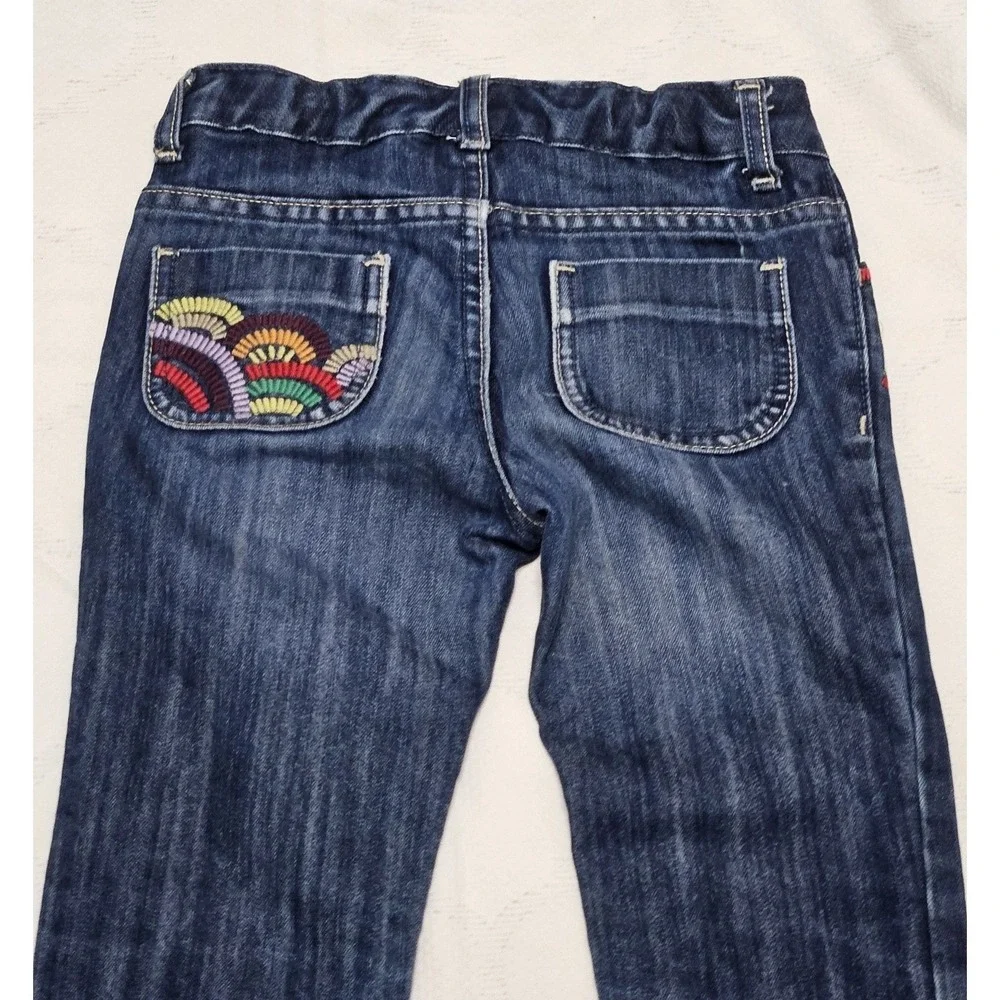 Old Navy Bootcut Jeans Girls 7‎ Blue Rainbow Embroidered Dark Wash Stretch Boho